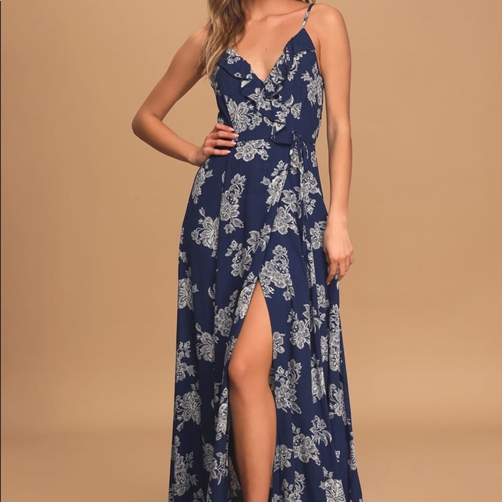 Blissful Breeze Navy Blue Floral Print Faux Wrap Maxi Dress